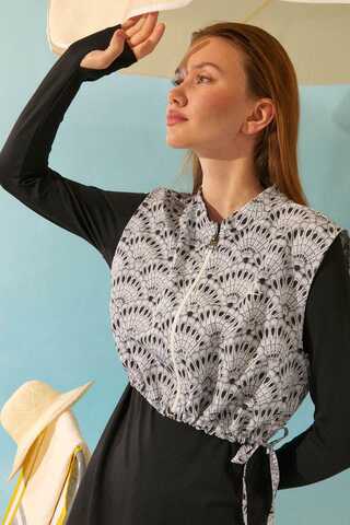 Seashell Pattern Modest Swimsuit Black - 1