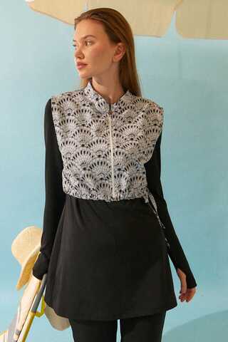 Seashell Pattern Modest Swimsuit Black - 15