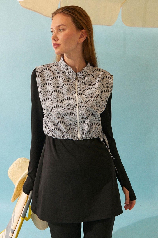 Seashell Pattern Modest Swimsuit Black - 15