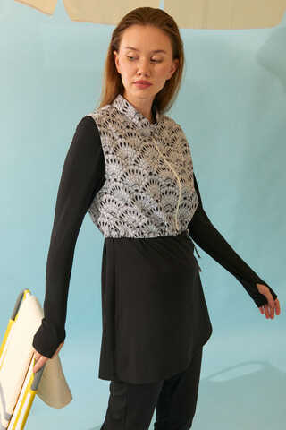 Seashell Pattern Modest Swimsuit Black - 16