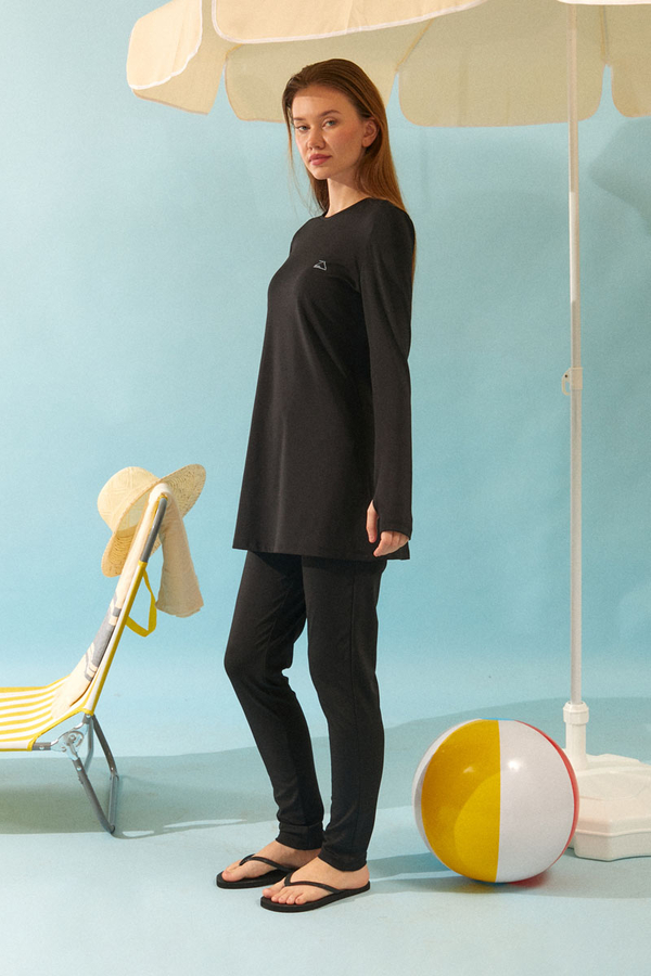 Seashell Pattern Modest Swimsuit Black - 7