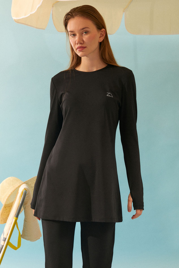 Seashell Pattern Modest Swimsuit Black - 8