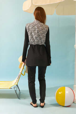 Seashell Pattern Modest Swimsuit Black - 17