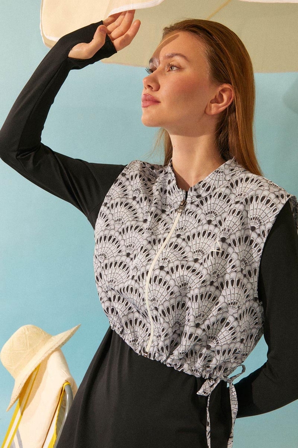 Seashell Pattern Modest Swimsuit Black - 1