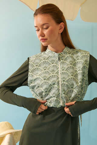 Seashell Pattern Modest Swimsuit Khaki - 3