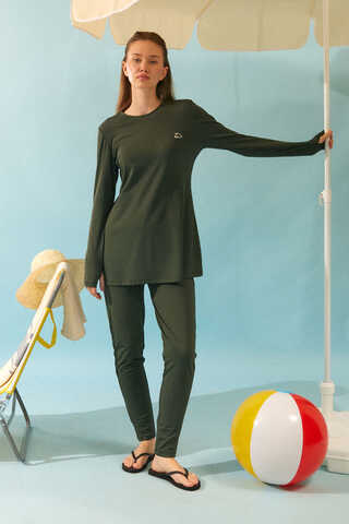 Seashell Pattern Modest Swimsuit Khaki - 4