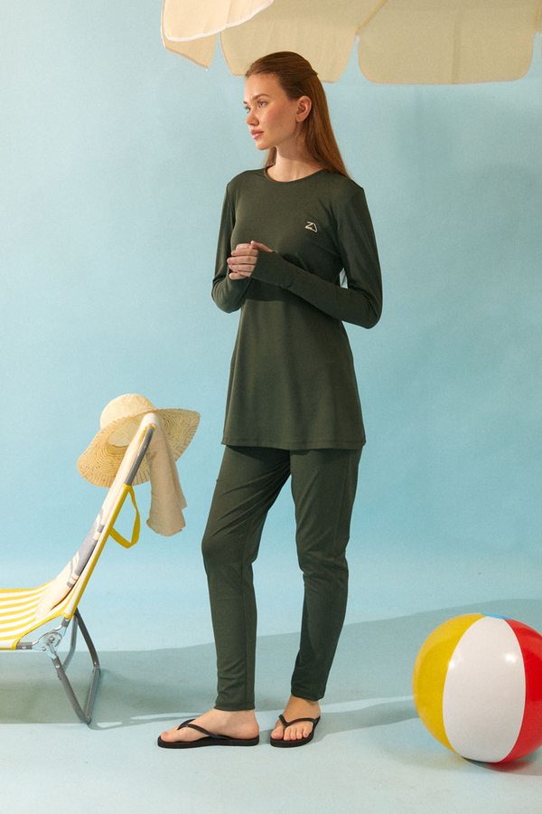 Seashell Pattern Modest Swimsuit Khaki - 5