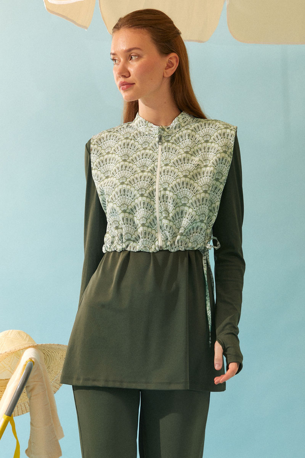 Seashell Pattern Modest Swimsuit Khaki - 10