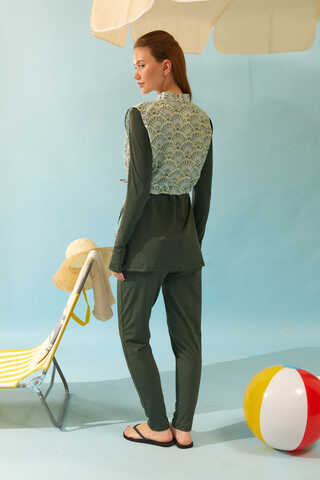 Seashell Pattern Modest Swimsuit Khaki - 16