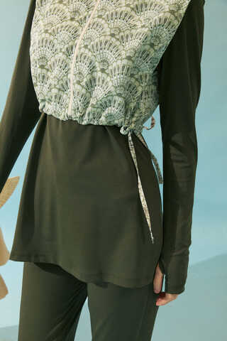 Seashell Pattern Modest Swimsuit Khaki - 15