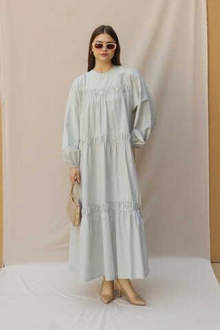 Şerit Büzgülü Elbise Çakıl - 1