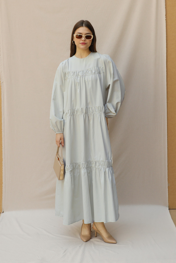 Şerit Büzgülü Elbise Çakıl - 1