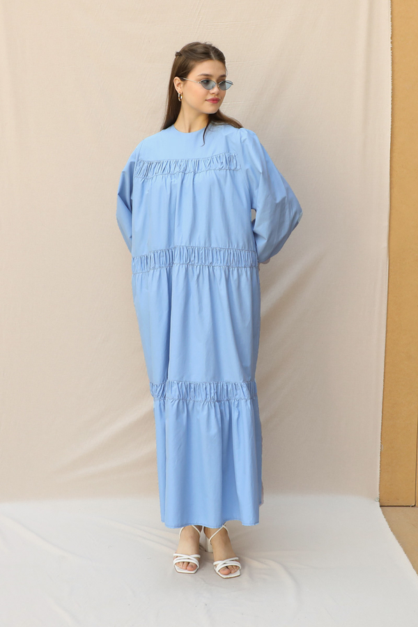 Şerit Büzgülü Elbise Mavi - 2