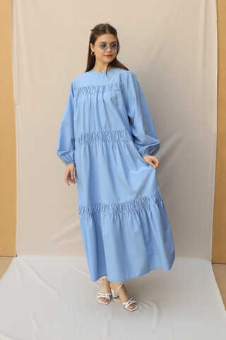 Şerit Büzgülü Elbise Mavi - 4