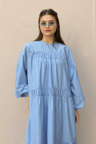 Şerit Büzgülü Elbise Mavi - 3