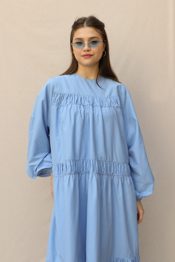 Şerit Büzgülü Elbise Mavi - 3