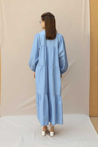 Şerit Büzgülü Elbise Mavi - 6