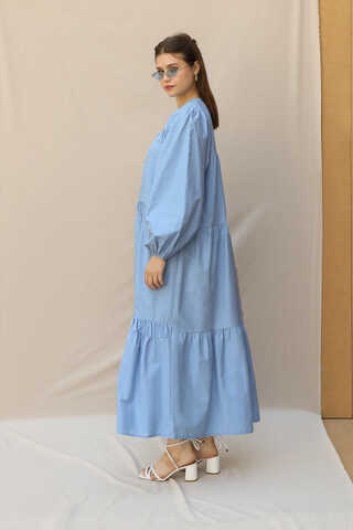 Şerit Büzgülü Elbise Mavi - 5