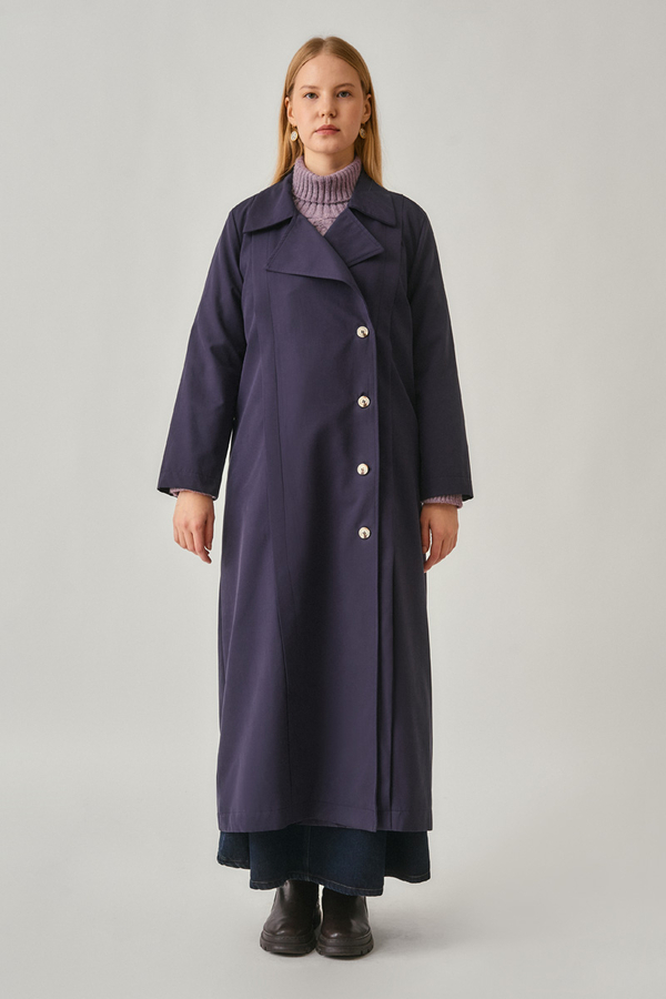 Şerit Dikiş Detaylı Trençkot Lacivert - 9