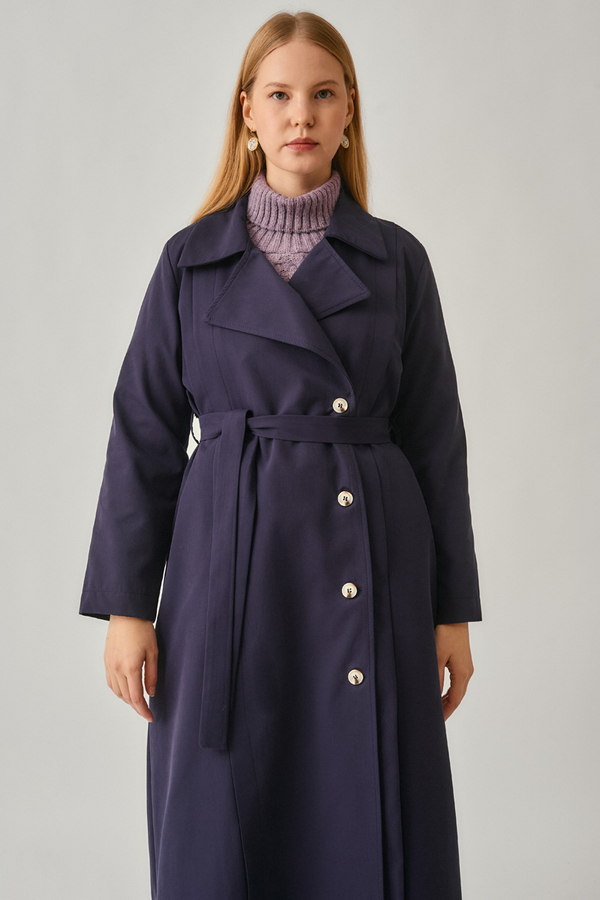 Şerit Dikiş Detaylı Trençkot Lacivert - 5