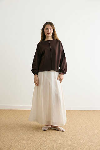 Şerit Dikişli Uzun Kollu Tişört Acı Kahve - 1