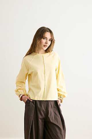 Şerit Dikişli Uzun Kollu Tişört Açık Sarı - 1