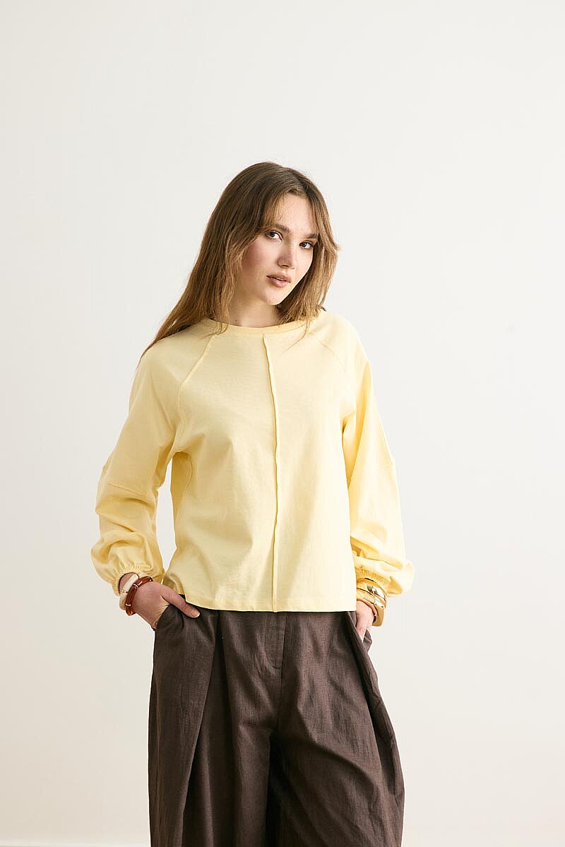 Şerit Dikişli Uzun Kollu Tişört Açık Sarı 