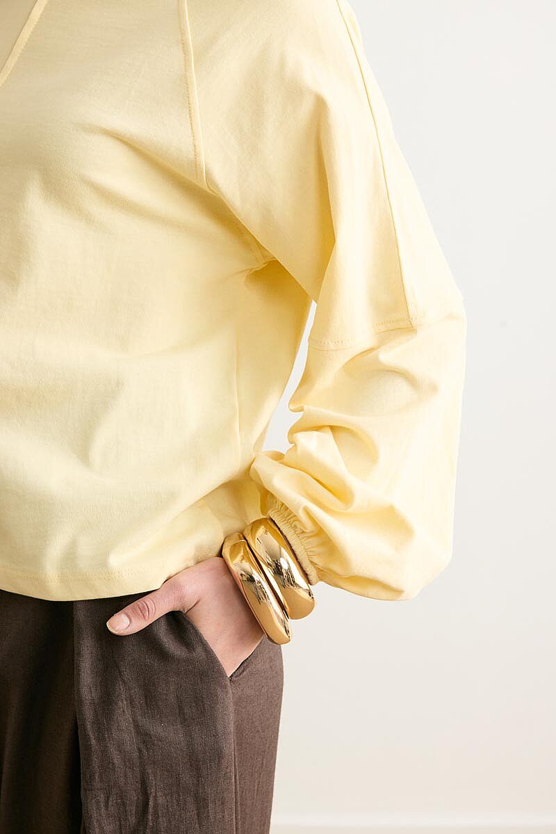 Şerit Dikişli Uzun Kollu Tişört Açık Sarı - 5