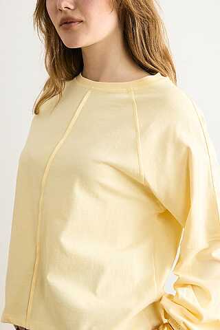 Şerit Dikişli Uzun Kollu Tişört Açık Sarı - 4