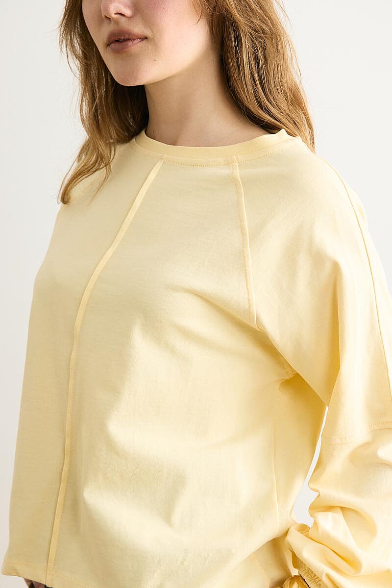 Şerit Dikişli Uzun Kollu Tişört Açık Sarı - 4