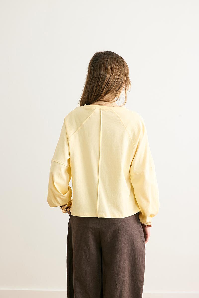 Şerit Dikişli Uzun Kollu Tişört Açık Sarı - 6