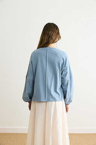 Şerit Dikişli Uzun Kollu Tişört Duman Mavisi - 7