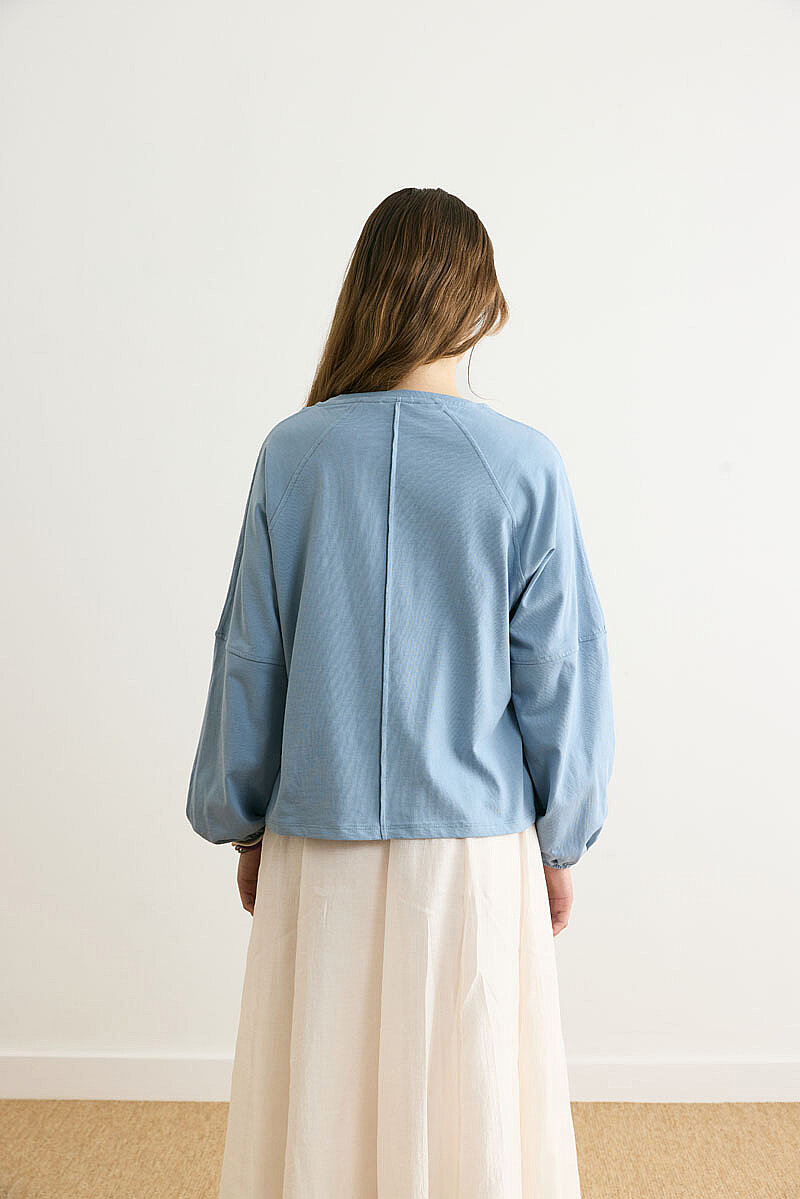 Şerit Dikişli Uzun Kollu Tişört Duman Mavisi - 7