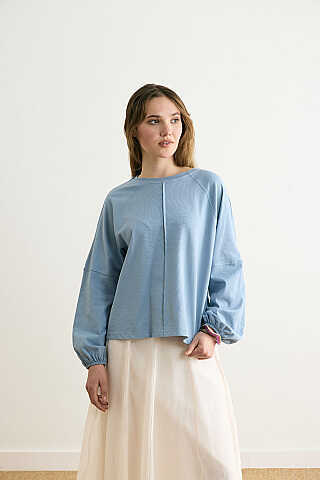 Şerit Dikişli Uzun Kollu Tişört Duman Mavisi - 1