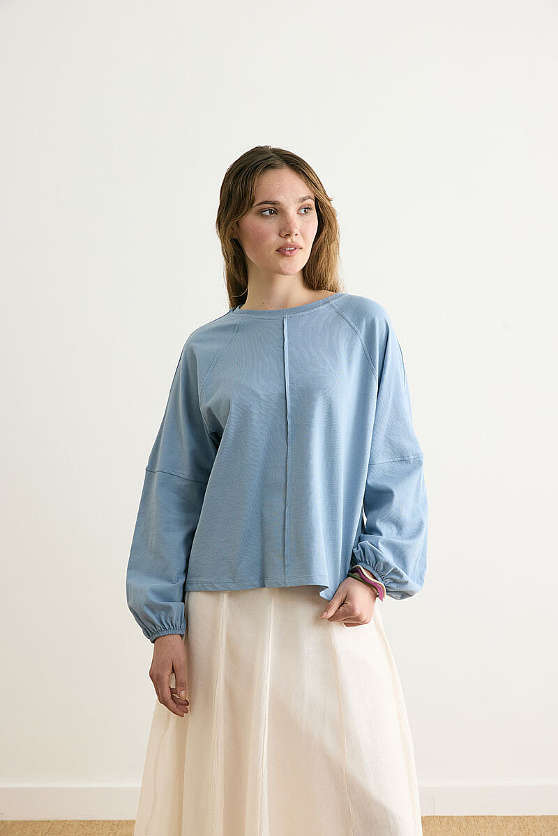 Şerit Dikişli Uzun Kollu Tişört Duman Mavisi - 1