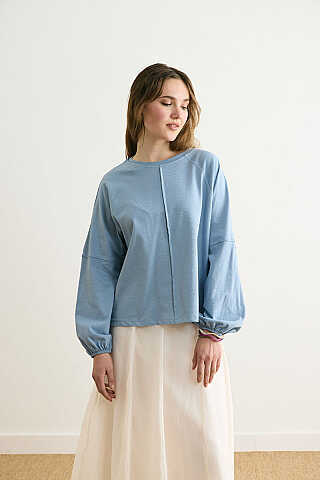 Şerit Dikişli Uzun Kollu Tişört Duman Mavisi - 6