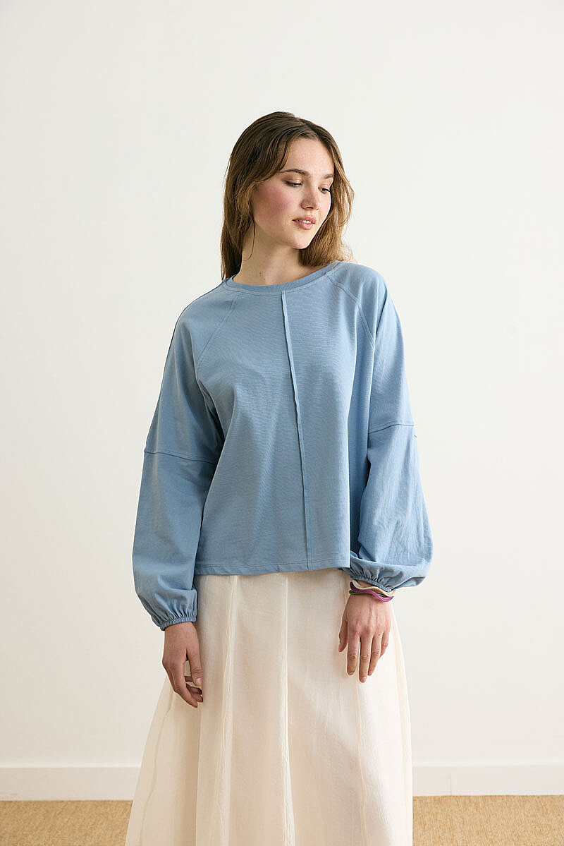 Şerit Dikişli Uzun Kollu Tişört Duman Mavisi - 6