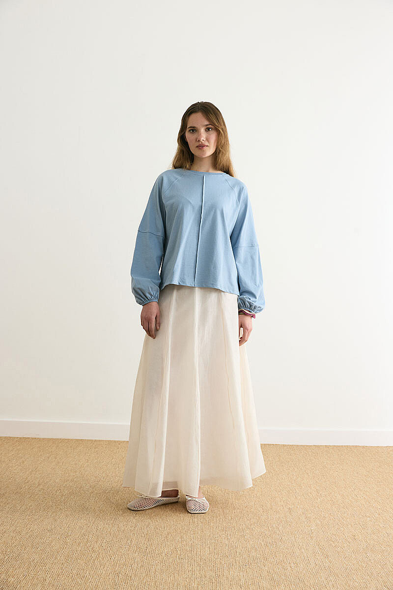 Şerit Dikişli Uzun Kollu Tişört Duman Mavisi - 4