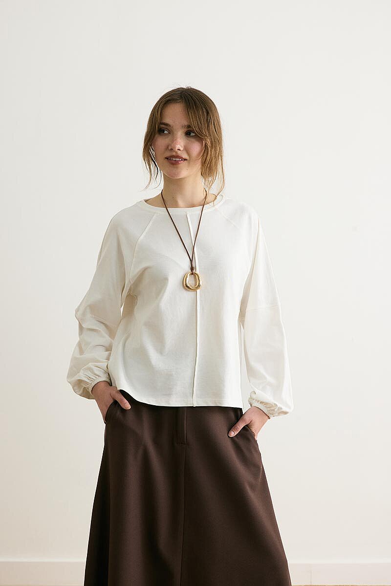 Şerit Dikişli Uzun Kollu Tişört Ekru - 1