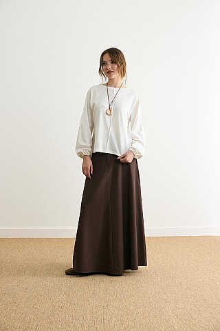 Şerit Dikişli Uzun Kollu Tişört Ekru - 5