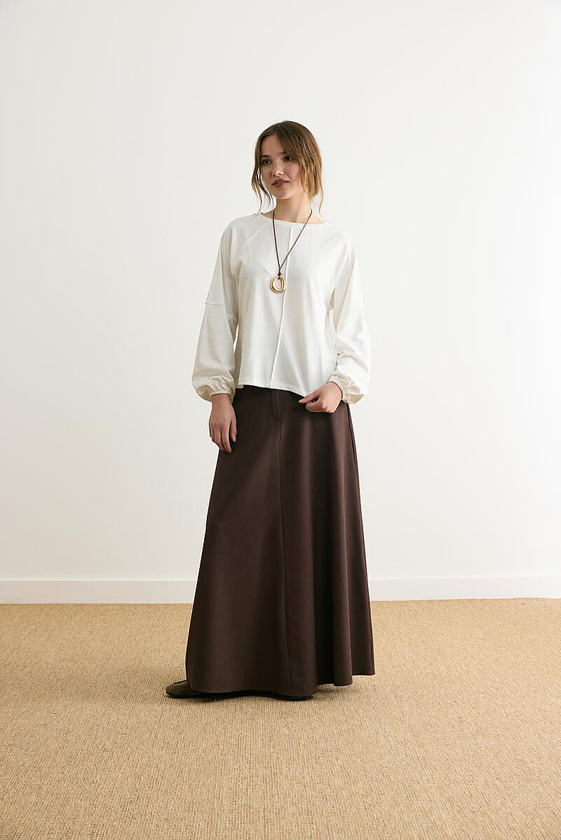 Şerit Dikişli Uzun Kollu Tişört Ekru - 5