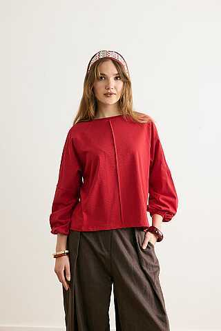 Şerit Dikişli Uzun Kollu Tişört Kırmızı - 1