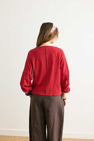 Şerit Dikişli Uzun Kollu Tişört Kırmızı - 5