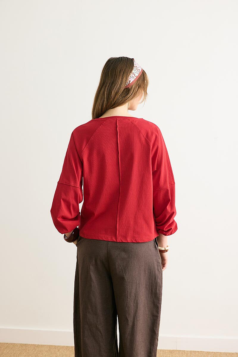 Şerit Dikişli Uzun Kollu Tişört Kırmızı - 5