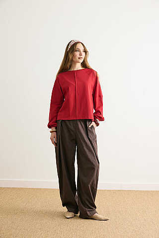 Şerit Dikişli Uzun Kollu Tişört Kırmızı - 3