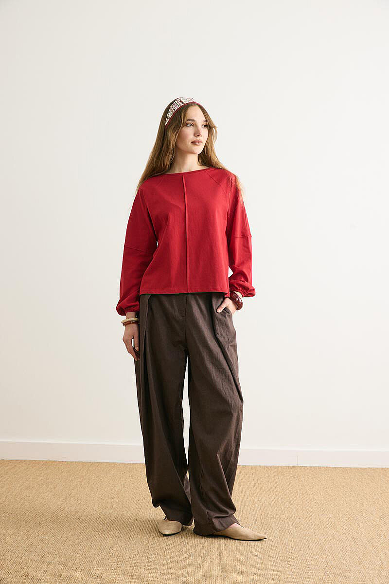 Şerit Dikişli Uzun Kollu Tişört Kırmızı - 3