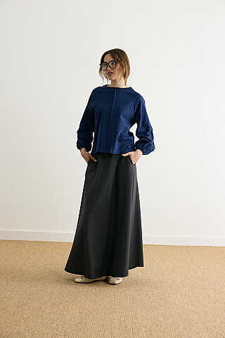 Şerit Dikişli Uzun Kollu Tişört Lacivert - 1