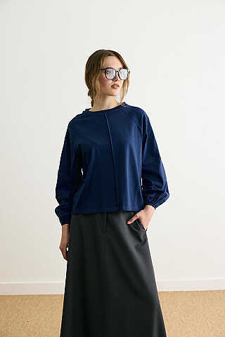 Şerit Dikişli Uzun Kollu Tişört Lacivert - 3