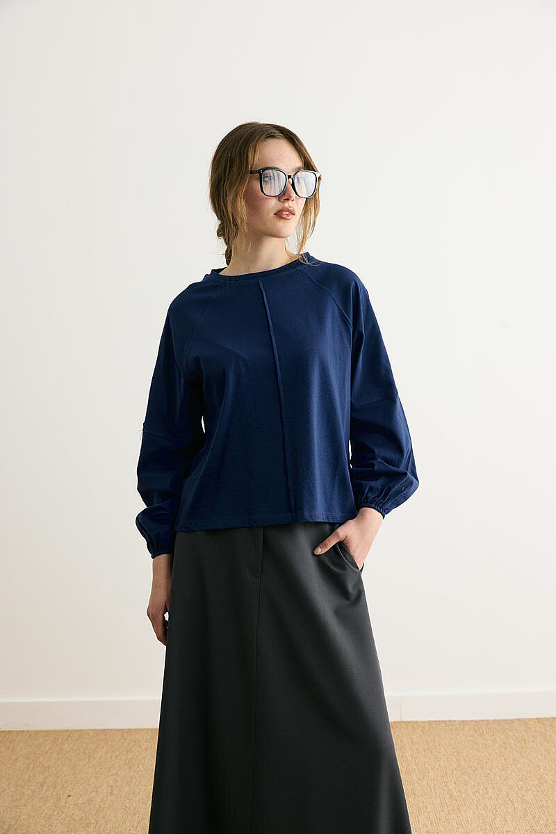 Şerit Dikişli Uzun Kollu Tişört Lacivert - 3