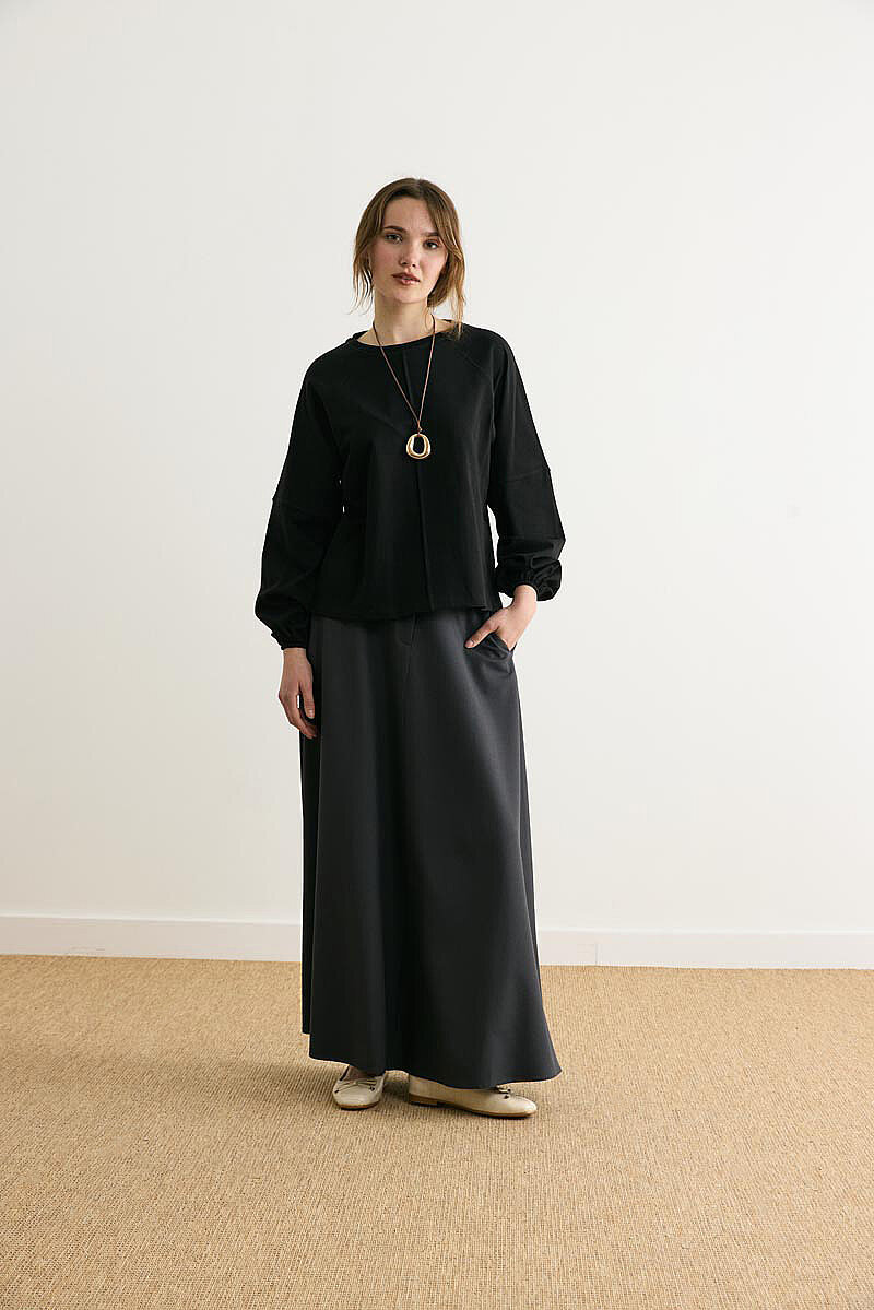 Şerit Dikişli Uzun Kollu Tişört Siyah